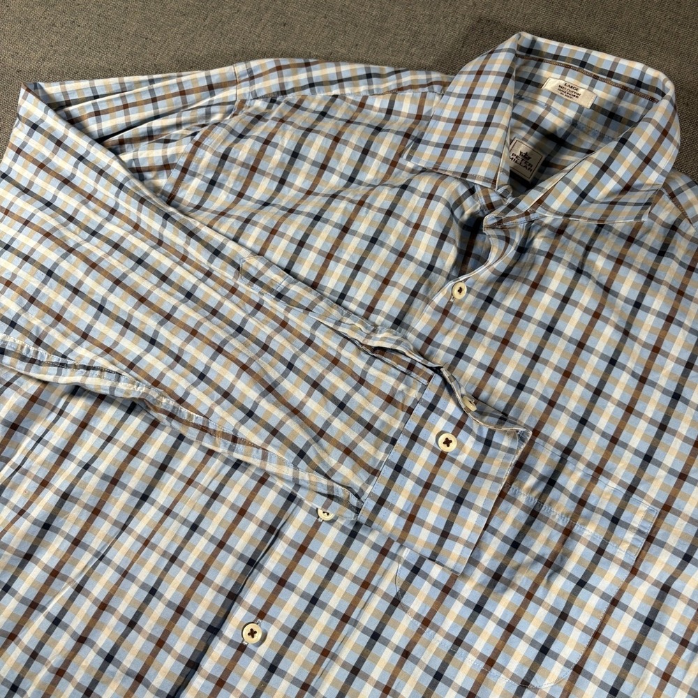 Peter Millar Button Down Shirt Mens Large Blue Tan Plaid Cotton Long Sleeve